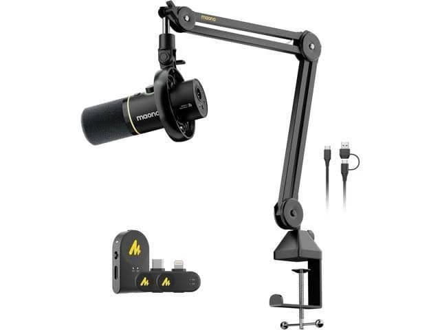MAONO PD200W Hybrid Wireless Podcast Microphone for PC, XLR USB Dynamic Mic Kit with Boom Arm(PD200W+Camera/Lightning Receiver)