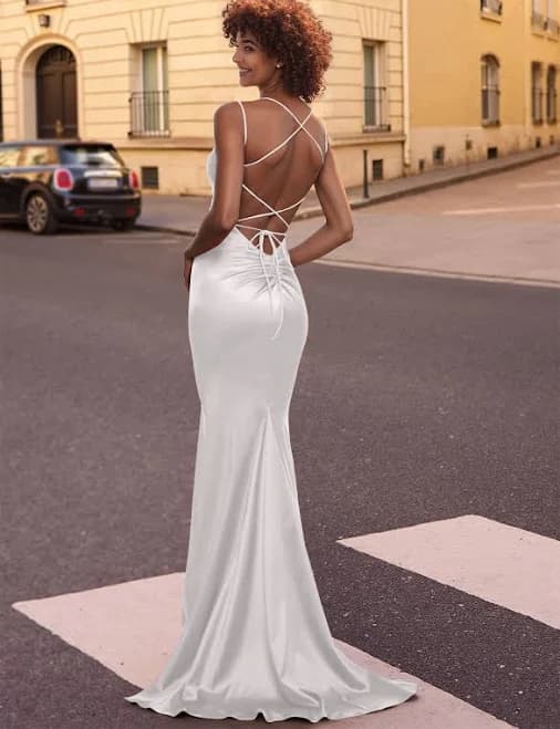 Missacc Dual Strap Scoop Neck Criss Cross Back Ruched Prom Dress