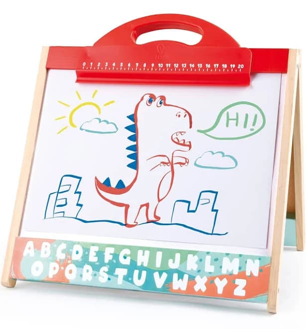 Hape 3 in 1 Tabletop 2 Sided Standing Artwork Easel Blackboard and Magnetic Erasable Whiteboard w/ 10 Chalk Colors & 2 Marker Pe