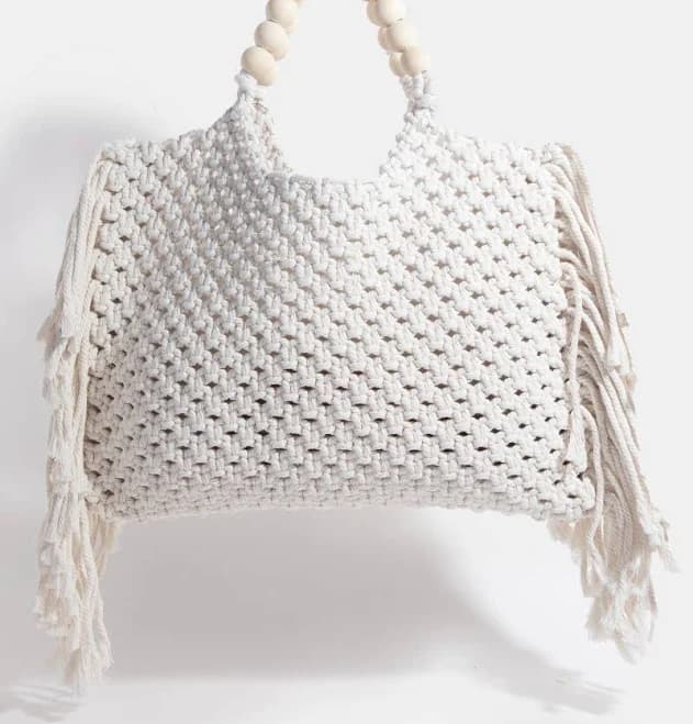 Wooden Beaded Handle Braided Tote Bag