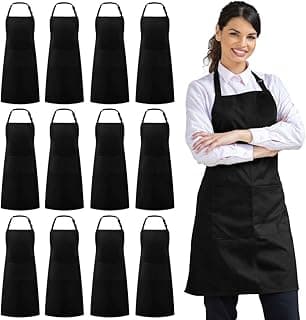 12 Pack Bib Apron, Unisex Aprons Adjustable Thicker Version Waterdrop Resistant with 2 Pockets Cooking Kitchen Aprons for Women Men Chef, BBQ Drawing Apron Bulk, Black