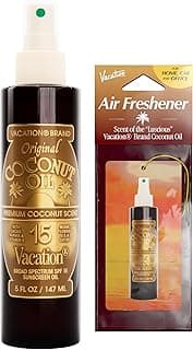 Vacation Coconut Oil SPF 15 & Air Freshener Bundle, Lightweight Sunscreen Oil Spray, Transparent On All Skin Tones, Hydrating & Nourishing, Non-Greasy Finish, 5 Fl. Oz.