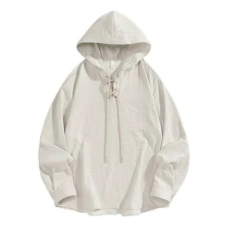 Men's AKOEE Drawstring Hoodies for Front Criss Cross Loose Casual Hooded Sweatshirt Plain Pullover Tops Fall Winter Spring