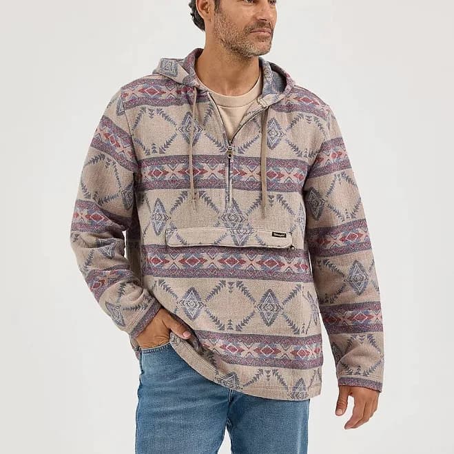 Wrangler Men's Jacquard Quarter Zip Hooded Popover Jacket