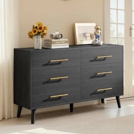 6-drawer Double Dresser with Anti-Tip Safety Device Modern Black Wood Bedroom Chest