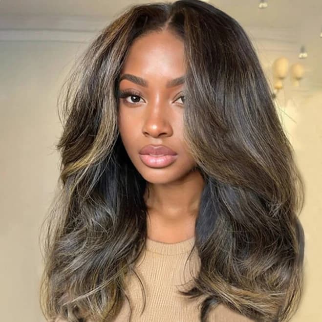 Curtain Bangs Highlight Body Wavy Lace Front Human Hair Wigs