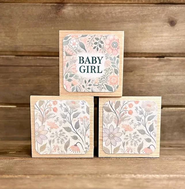 Gender Reveal Baby Girl Blocks - Floral - Baby Announcement Keepsake - 2 Inch - Three Wooden Blocks - Baby Shower Decoration
