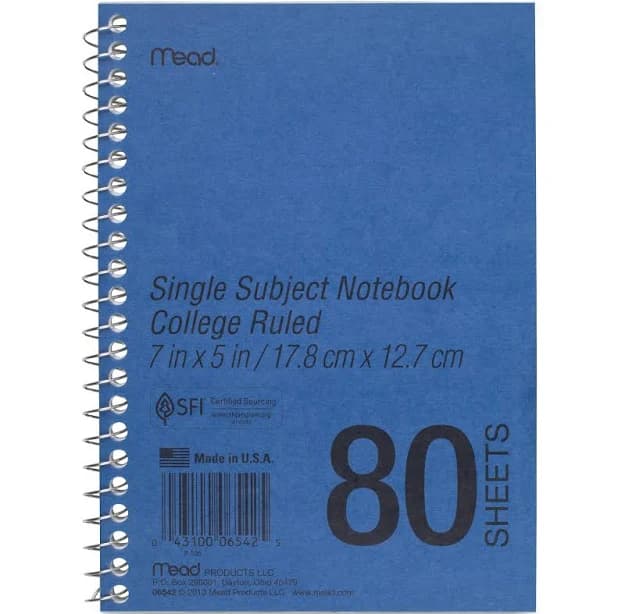 Mead Heavyweight Single Subject Notebook 80 Sheets Coilock 5 x 7