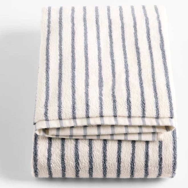 crate & barrel Organic Turkish Cotton Pampas Ivory and Evening Blue Stripe Bath