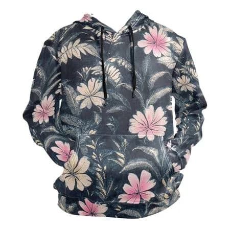 Booyaa Gray Floral Print Mens Hoodies Sweatshirt Fleece Jackets Long Sleeve Sweatshirts, Men's, Size: 2XL