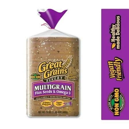 Great Grains Bakery Multigrain with Flax Seeds & Omega-3 Bread Loaf, 24 oz, 15 Count (Pack of 2)
