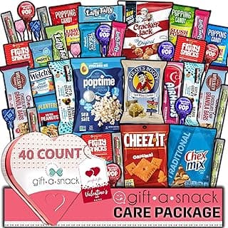 Gift A Snack - Heart Shape Snack Box Variety Pack Care Package + Greeting Card (40 Count) Birthday Sweet Treats Gift Basket, Candies Chips - Office Food Assortments