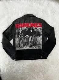 Ramones Distressed Black Denim Jacket Size Medium M Rock Punk Embroidered