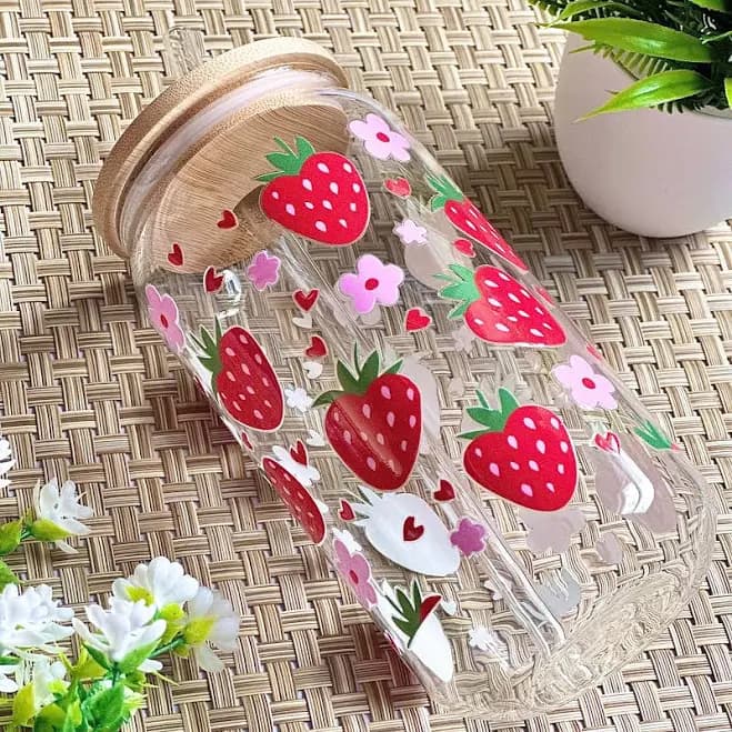 Strawberries & Flowers Glass Cup with Lid and Straw