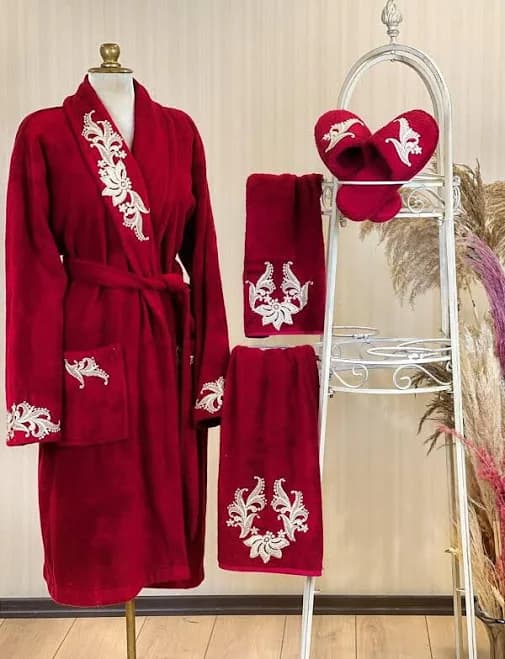 European Vintage Embroidered Turkish Bamboo & Cotton Bathrobe Set