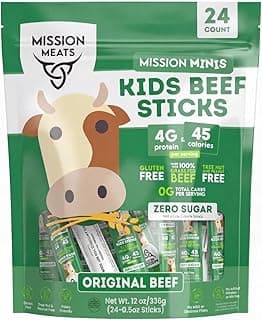 Mission Meats Kids Beef Sticks, 100% Grass Fed, Healthy Snacks for Kids, Zero Sugar, 4g Protein, 45 Calories Gluten & Nut Free, Individually Wrapped, Mini Sticks, 0.5oz (24ct Bag)