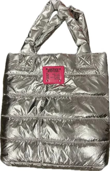 Large Justice Silver Metallic Puffer Tote Bag Quilted Pink Lining
