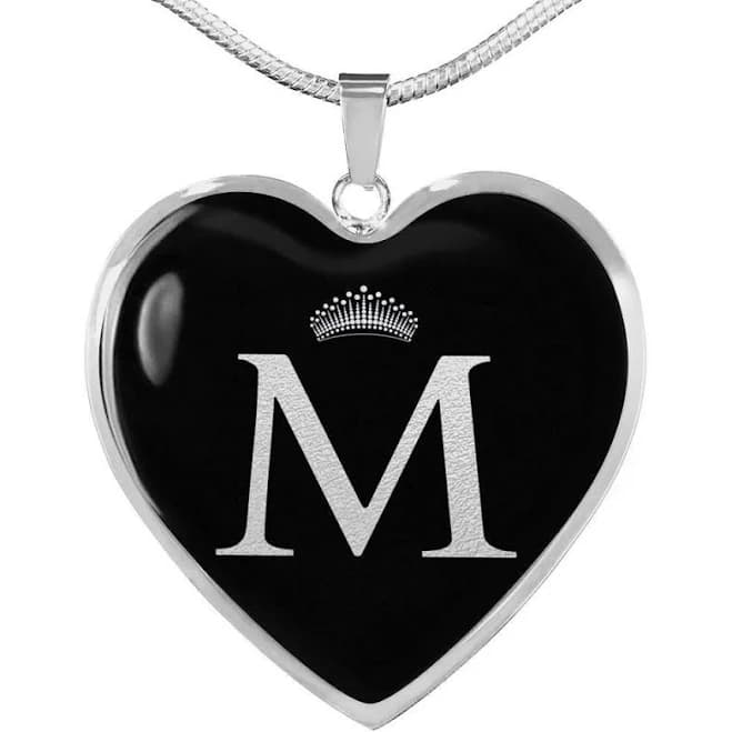 Crowned M Initial Silver Heart Pendant Necklace