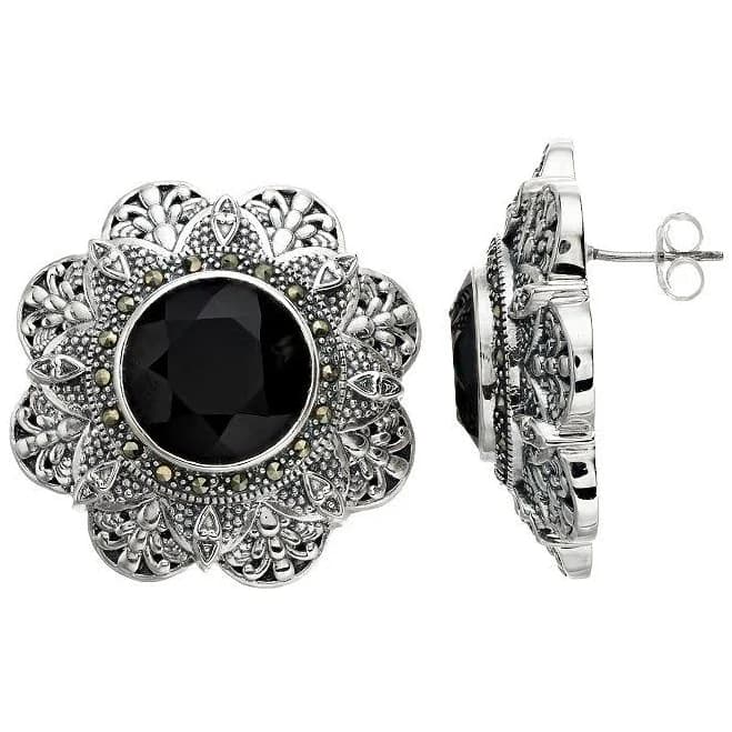 Lavish by TJM Sterling Silver Onyx & Marcasite Floral Stud Earrings Women's