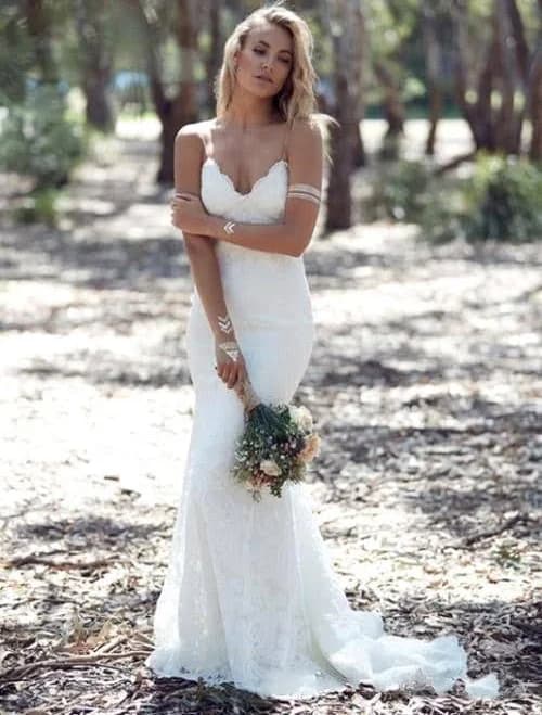 Spaghettis Strap Backless Lace Mermaid Wedding Dress