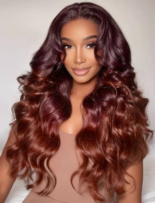 Nadula Deep Auburn Long Layered Wavy Hair 13x4 Pre-everything Loose Body Wave With Curtain Bangs Glueless Human Hair Wig