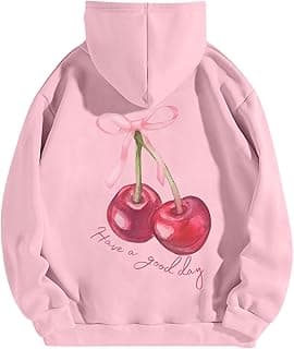 Womens Cute Cherry Graphic Hoodie Ribbon Bow Printed Sweatshirt Drop Shoulder Aesthetic Pullover Hoodies With Pocket