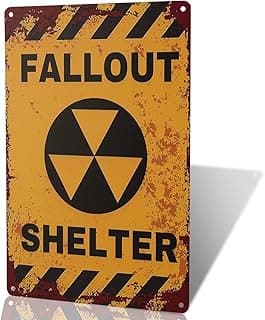 Vintage Fallout Shelter Metal Sign, Yellow and Black, Distressed Nuclear Warning Design, Retro Military Industrial Style Wall Decor