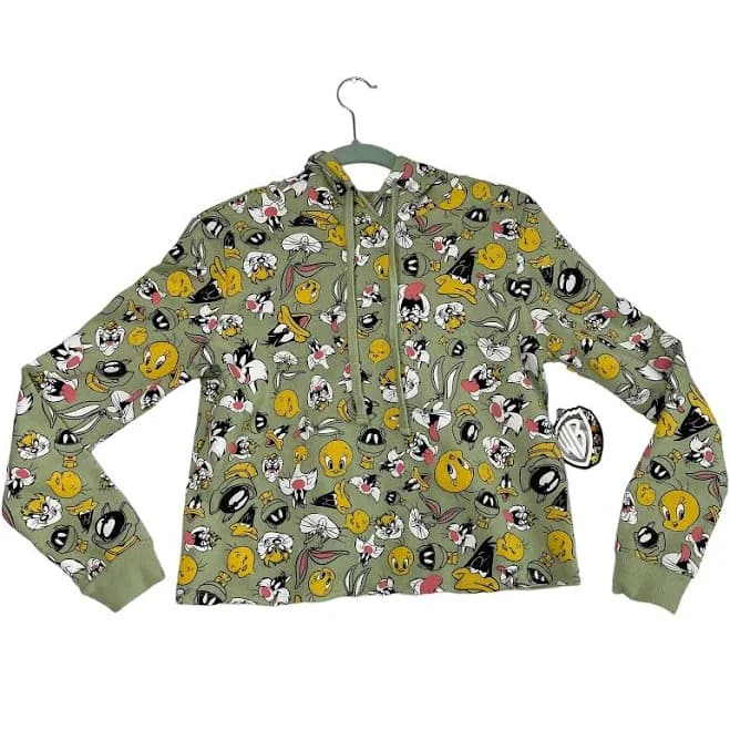 Looney Tunes Hoodie Sweatshirt Hooded Green XS Green Bugs Bunny Marvin Taz