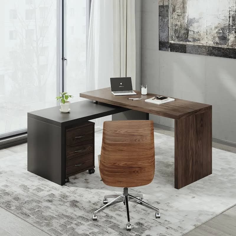 Modern L Shaped Executive Office Desk with Movable File Cabinet