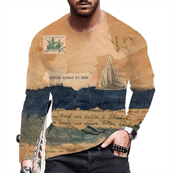 T-shirt Men Long Sleeve Yellow Brown Print Vintage Graphic Round Neck