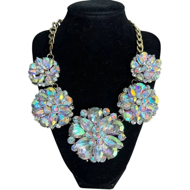 Iridescent Ab Rhinestone Floral Statement Necklace Gold Tone Bib Glam