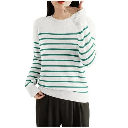 Women's Casual Loose Fit Long Sleeve Striped Crewneck Sweater