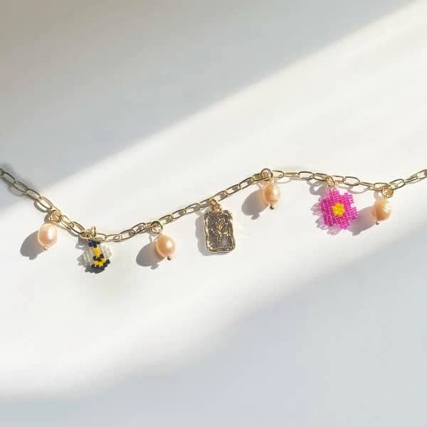 Dainty Gold Paperclip Chain Flower Charm Necklace