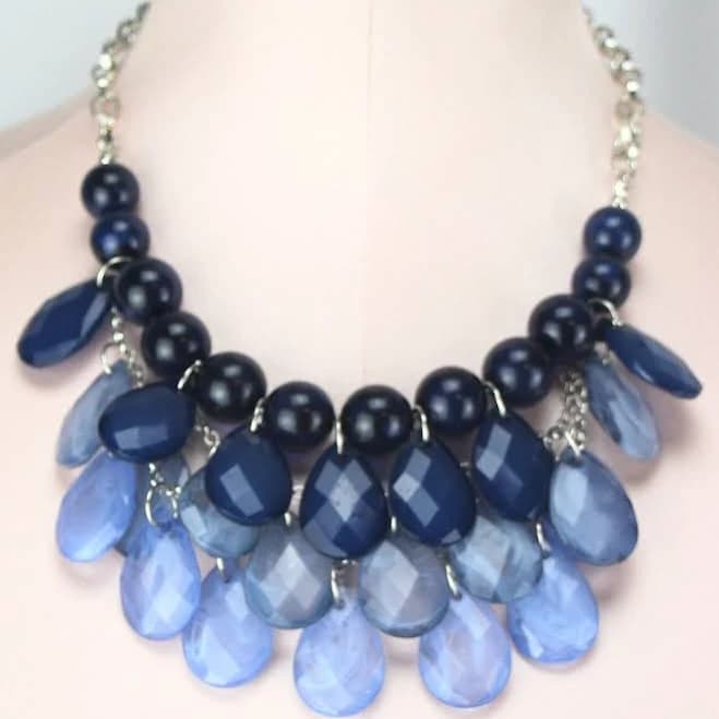 Color Necklace 18"-21" Silver Tone With Blue Teardrop Beads