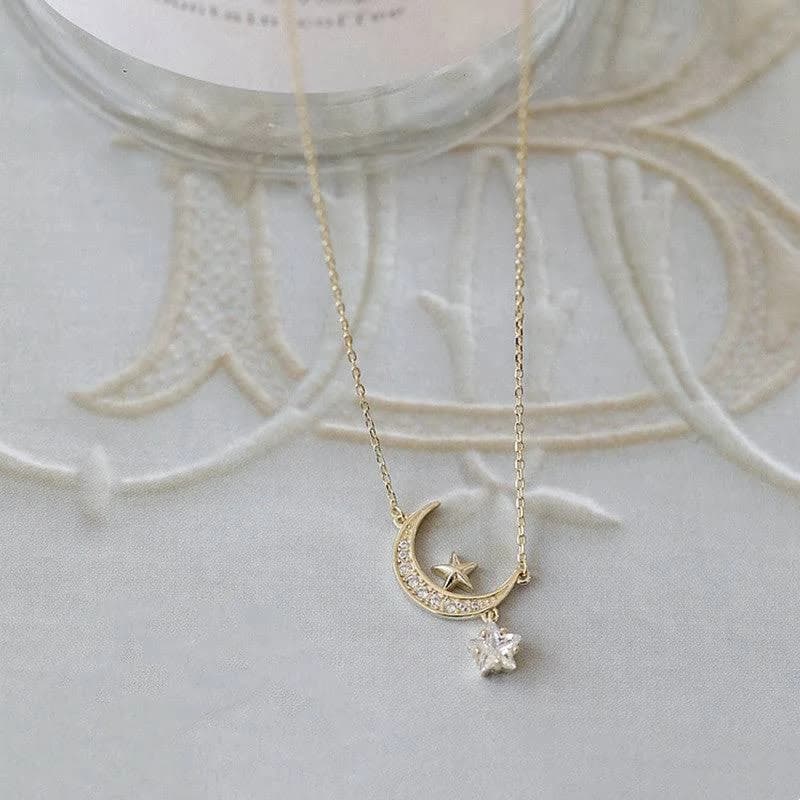 Dainty Star Moon Silver Charm Pendant Necklace