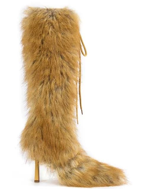 Womens Azalea Wang Lourdanne Faux Fur Lace-Up Stiletto Boot