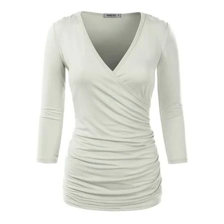 Doublju Women's V Neck Twist Knot Ruched Empire Waist Slimming Tunic Top Blouse