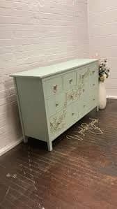 Ikea Hemnes 8 Chest of Drawers Painted Bespoke Stencilled Pale Green and Copper Cherry Blossom