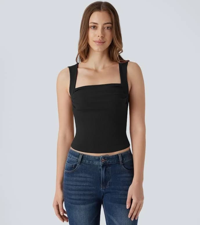 Halara Ribbed Knit Square Neck Ruched Halter Top Tank Top