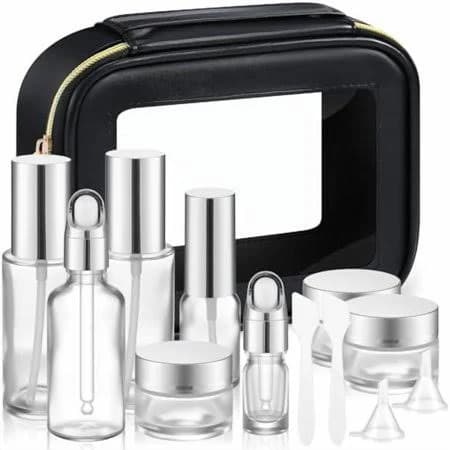13 Pcs Glass Skincare Travel Containers Mini Makeup Containers Travel Size Toiletries Bottles with Pump Spray and PU Leather Toiletry Bag for Liquid
