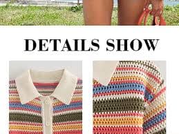 TUREAU Womens Cropped Short Sleeve Polo Sweater Striped Button Up Collar Knit Tops Crochet T Shirt, Rainbow Blue S at Amazon Women's Clothing store