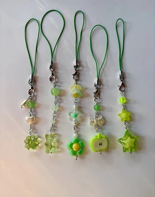 Green Beaded Phone Charm: Kawaii Keychain Strap