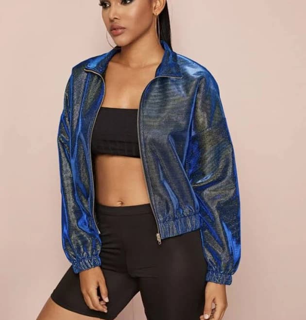 Women Blue Holographic Zip Up Metallic Crop Jacket Size S