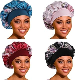 ROYBENS Satin Bonnet Hair Bonnet for Sleeping- 4 Pack Large Bonnets for Women with Elastic Soft Band for Curly Hair Braids