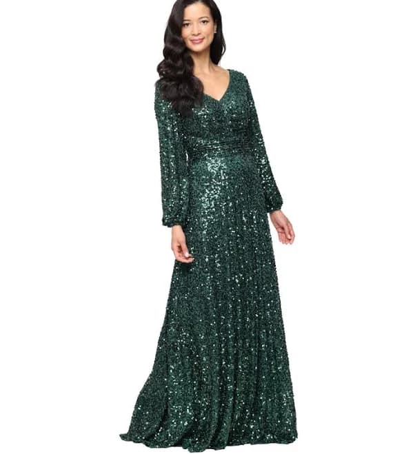 Alex Evenings Women's Sequin A-Line Gown with Long Bubble Hem Sleeves