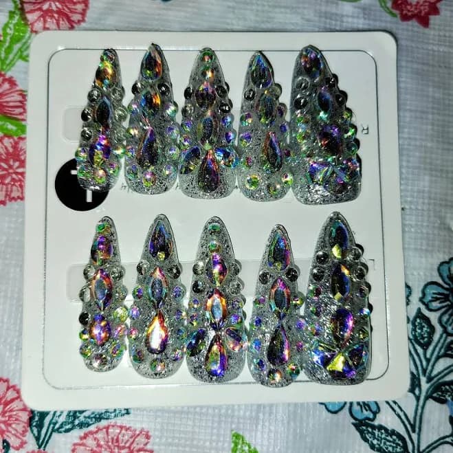 Holographic Silver Jeweled Stiletto Press-On Nails | Color: Purple/Silver | Size: Os | Cucuniquecloset's Closet