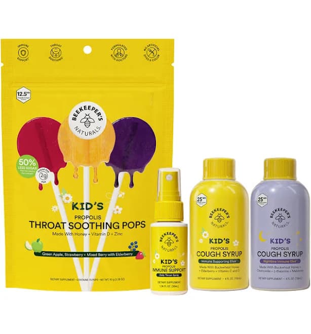 Kid's Immune Support + Cough Bundle | Beekeeper's Naturals | Propolis Throat Spray, Honey Cough Syrup Day & Night, Kid's Throat Soothing Lozenges