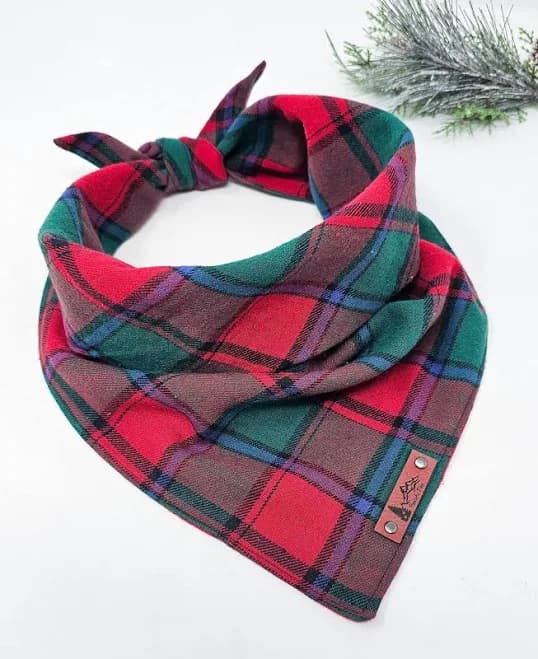 Pet Bandana "Winter Cabin" Green and Red plaid cotton dog neck wear Cat clothes BoHo style