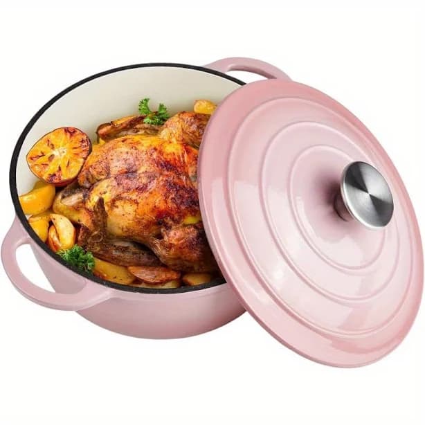 6 Quart Enameled Cast Iron Dutch Oven with Lid - 500°F Oven Safe, Pink & Black Elegant Design, Heavy-Duty Glass Enamel Coating, Dual Handles & Black