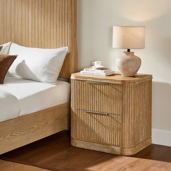 HERNEST Finnley 26 inch Fluted Light Brown Dusty Nightstand with 2 Solid Wood Drawers